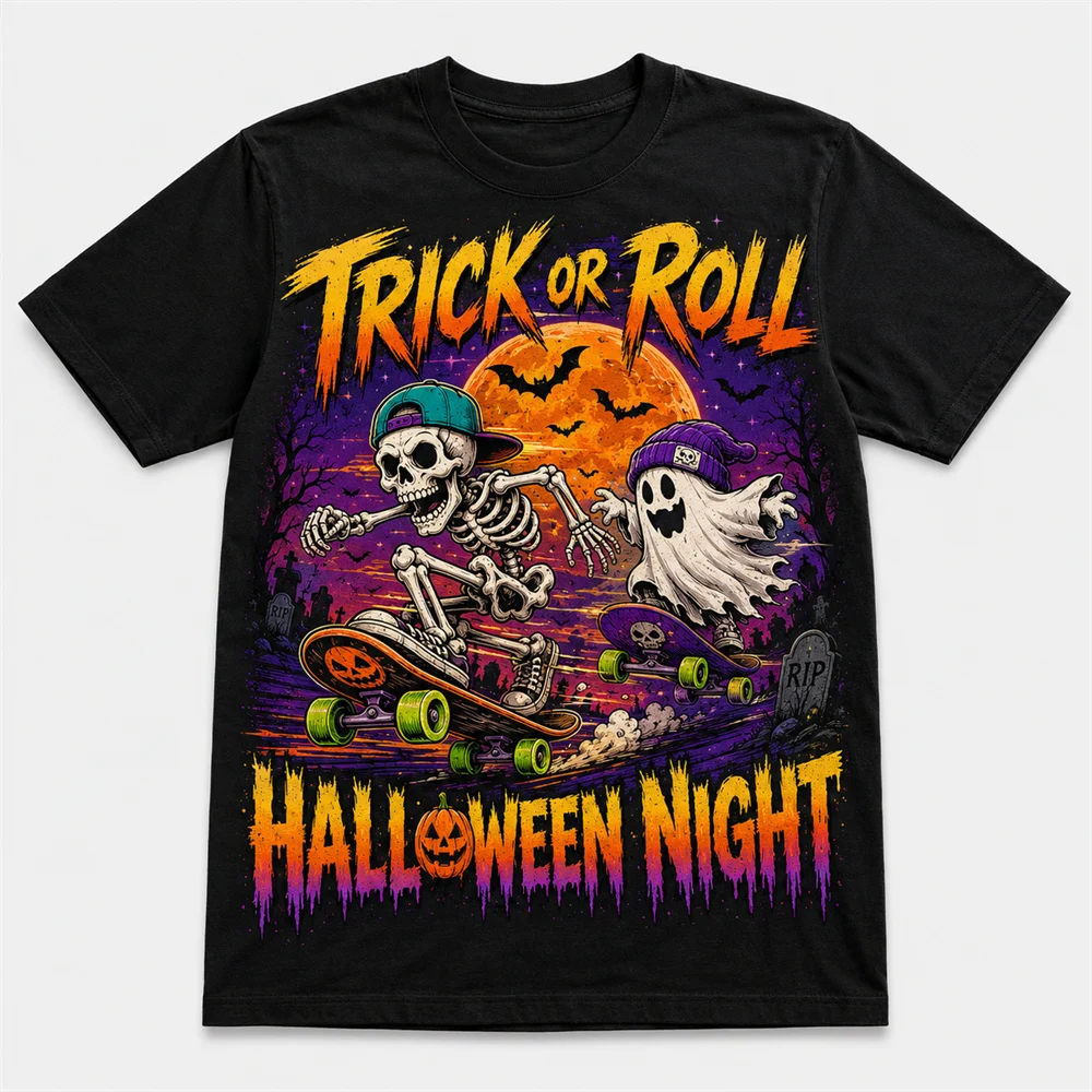 Funny Halloween Skate T Shirt Skeleton Vampire Zombie Ghost Graphic Print T-shirt Trick Or Roll Festival Street Short Sleeve Tee