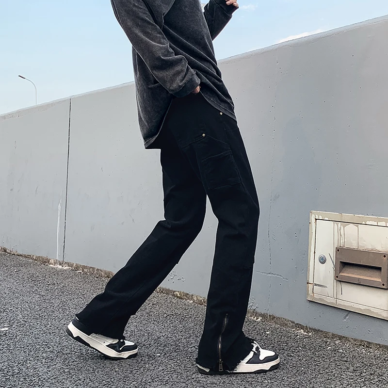 Dark Style Zipper Denim Pants Men's Wide Leg Straight Vintage Draping Loose Split Frayed Micro Flared Long Trousers