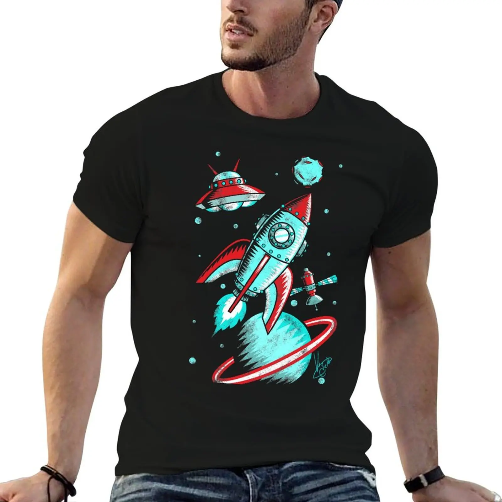 Retro Space T-Shirt man t shirts for men casual t shirt man casual man t shirt heavy cotton T-shirt