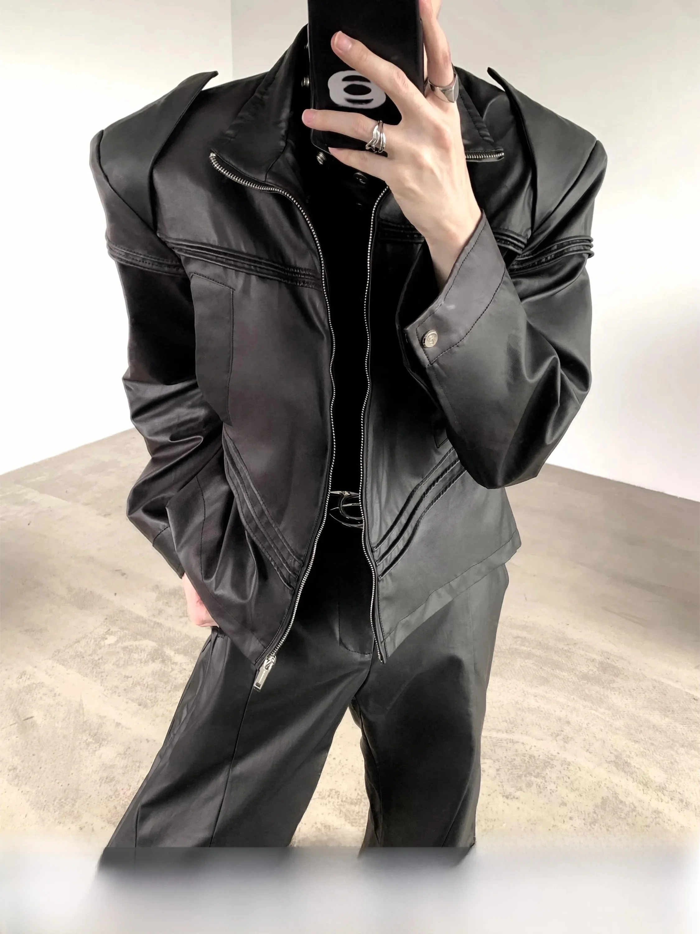 Black Leather Jacket Men's Shoulder Padded Punk Deconstructed Design Autumn Mountain Wind Youth Fashion Spring Autumn Winter ...