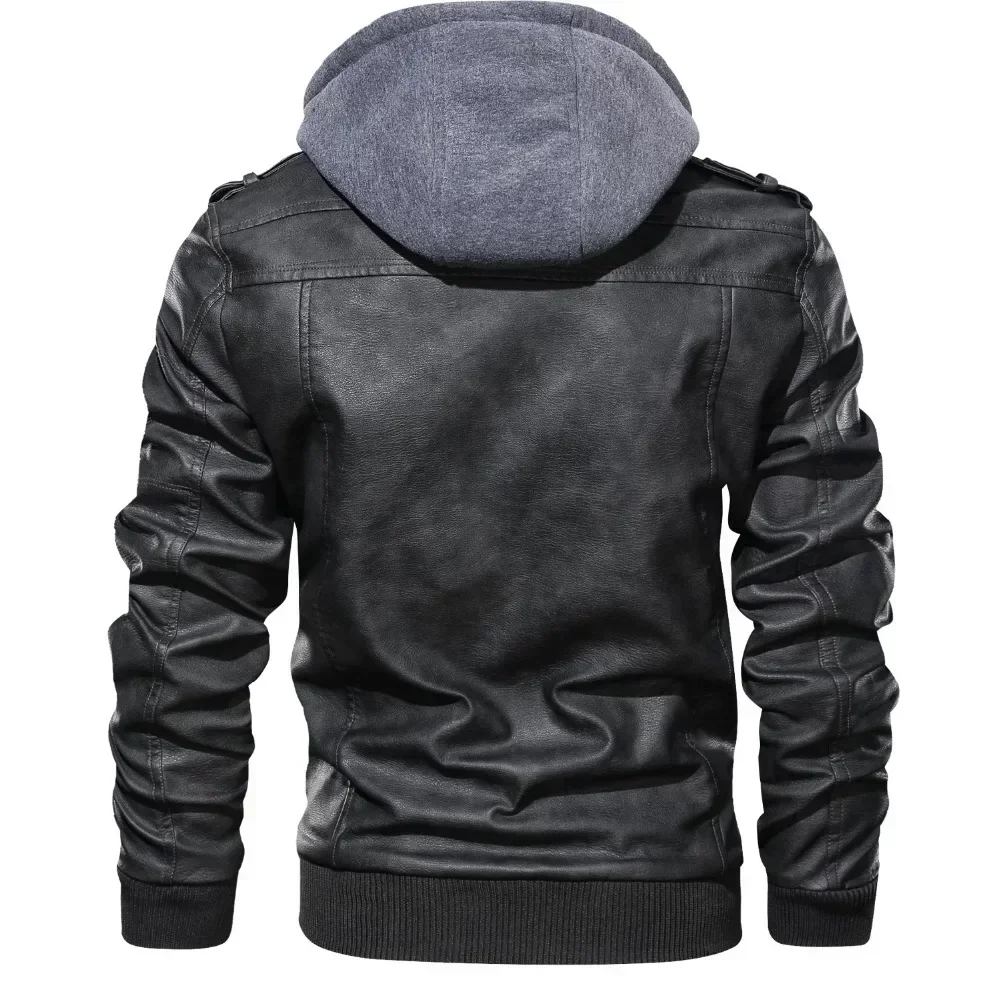 Men PU Leather Jackets Zipper Hooded Faux PU Leather Jacket Long Sleeve Coats Pockets Cardigan Punk Loose Coat Streetwear Mens