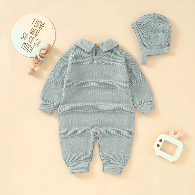 Cotton Baby Rompers Knit Newborn Girl Boy Jumpsuit Outfits Long Sleeve Autumn Infant Kid Clothing Hat 2PC Onesies 0-18M Playsuit