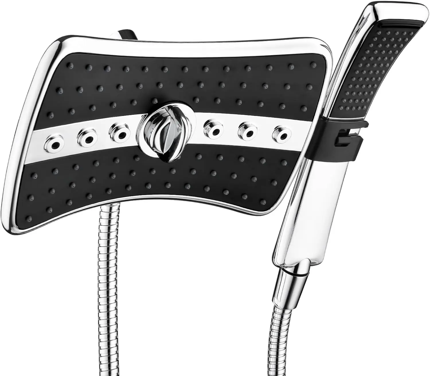 

High Pressure Dual Shower Head Combo with Black Face, 60 Inch Stainless Steel Hose, Chrome Finish