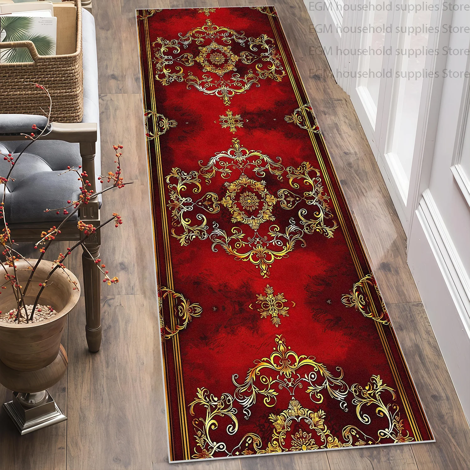 Luxury European Retro Long Hall Runner Carpet Gold Corridor Entryway Decor Rug Non-slip Washable Kitchen Lint-free Floor Mats