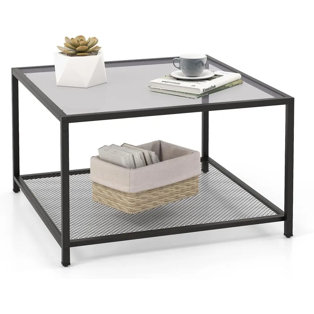 2-Tier Grey Mesh Shelf Accent Coffee Table for Living Room or Office