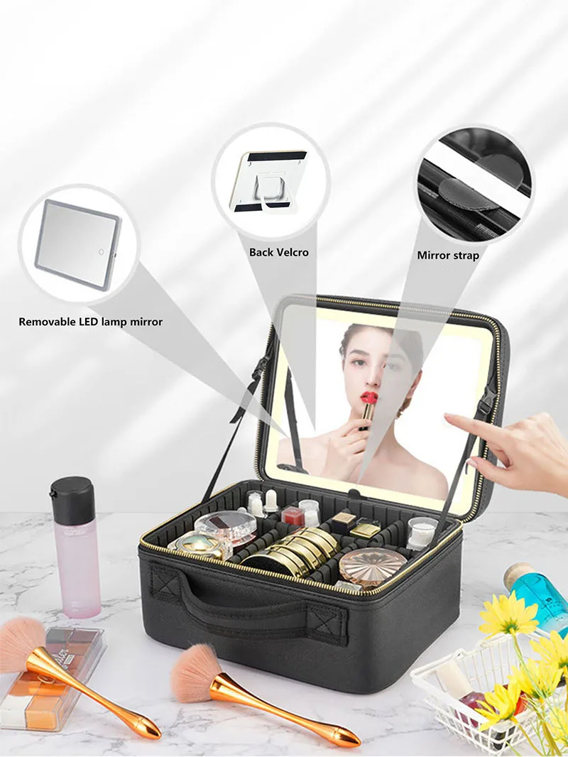 Smart LED Cosmetic Case With Mirror Travel Makeup Bag Large Capacity Female Beautician Skincare Product Makeup Case For Women