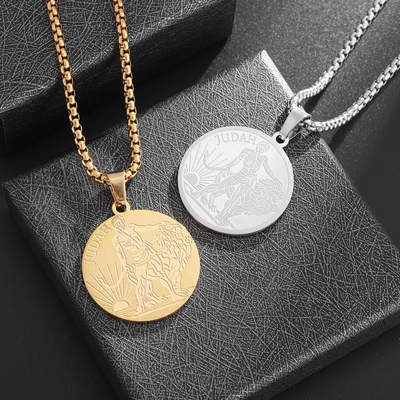 Stainless Steel Kingdom of Judah Lion Coin Pendant Necklace Men Women Israel Hanukkah Faith Memorial Jewelry Gift