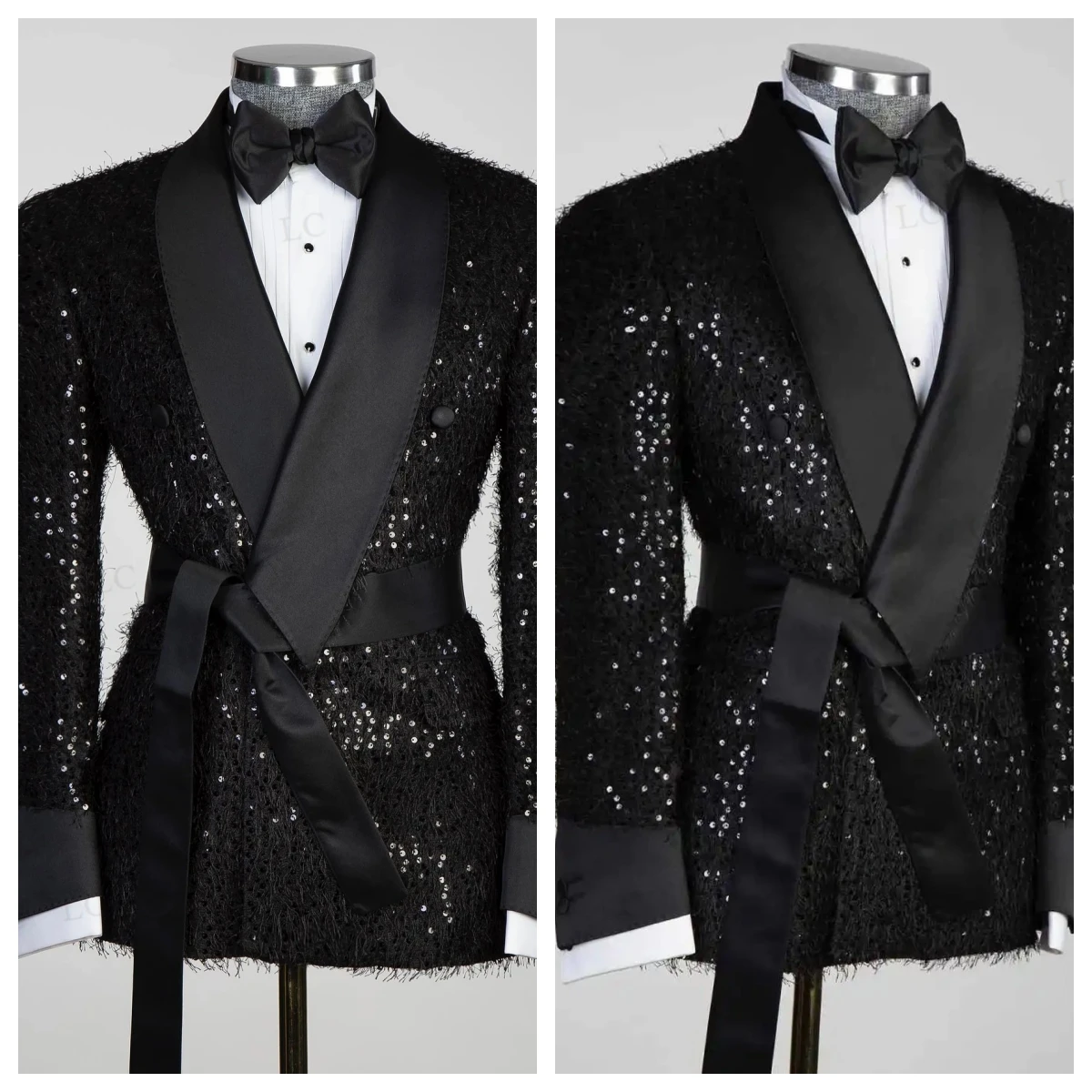 

Блейзер Брюки с блестками, мужские костюмы, атласные бусины с лацканами и поясом, модный смокинг, тонкий свадебный костюм для жениха, выпускного вечера, большие размеры на заказ