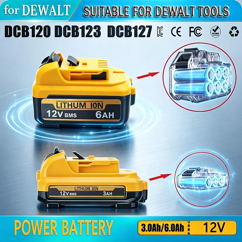 🏅12V 3AH/6AH Lithium Battery Pack Is Suitable for Replacing Tool Batteries Such as Dewalt DCB125, DCB123, DCB127, DCB120, Etc