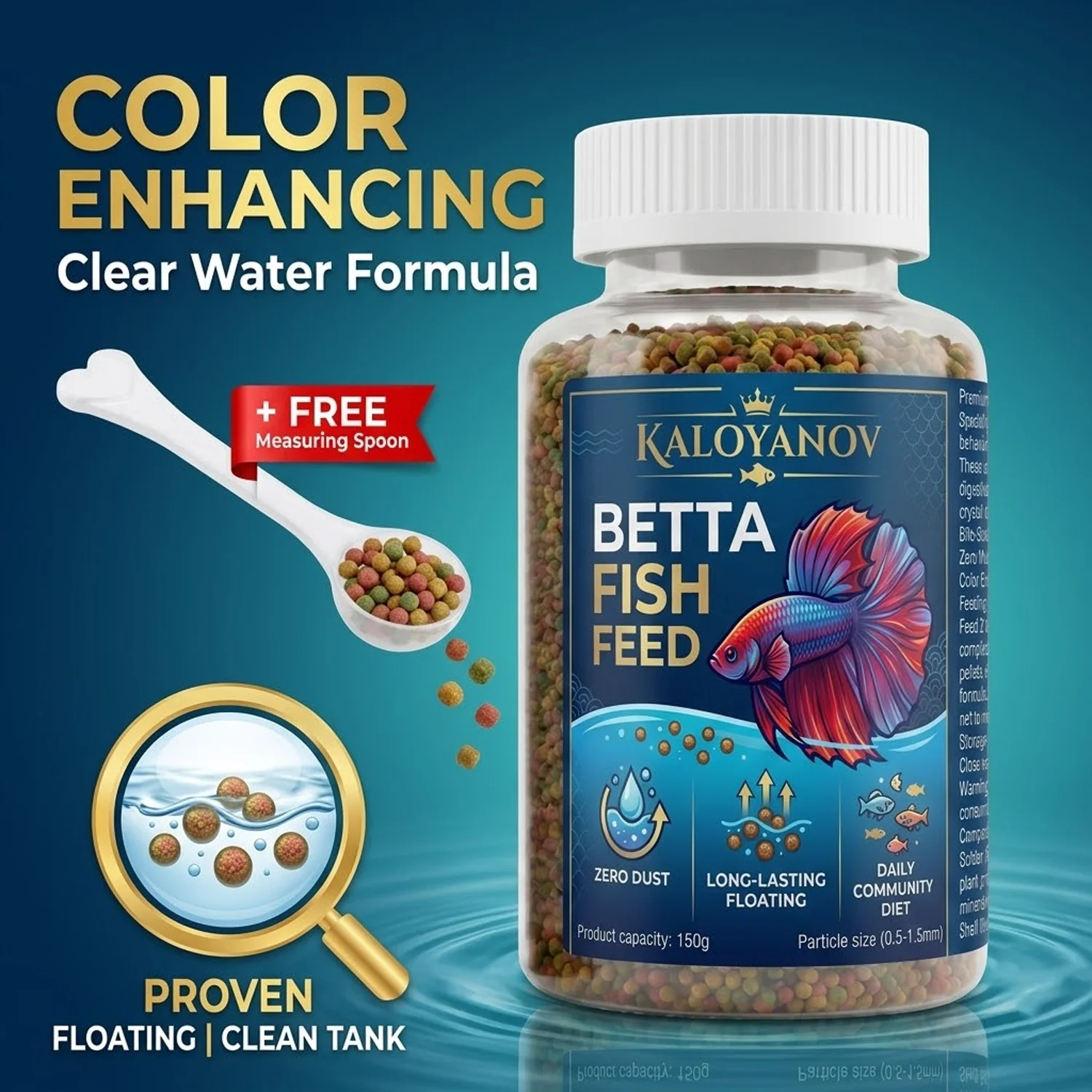 Premium Betta Fish Food Floating Pellets with Measuring Spoon, Color Enhancing Daily Micro Diet (0.5-1.5mm) Keeps Water Clear