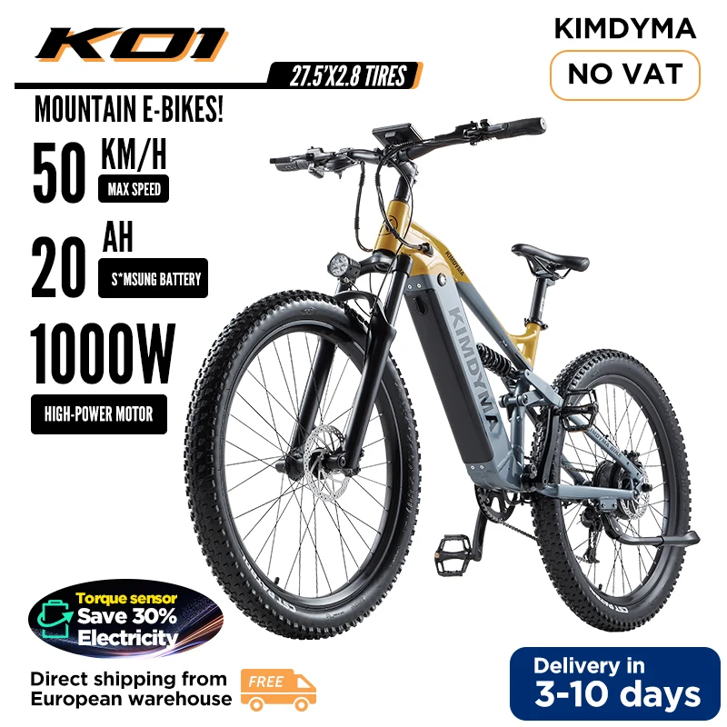 Vélo électrique KIMDYMA K01 1000W, batterie 48V20Ah, pneus larges 27,5"x2,8", 45 km/h, capteur de couple, avec accélérateur