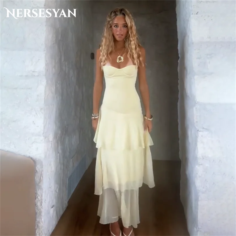 

Nersesyan Elegant Yellow Prom Dresses Off Shoulder Ruffles Tiered Satin A Line Party Gown Backless Guest Formal Dress Customized