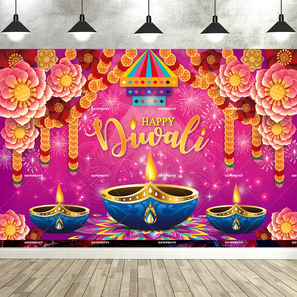 Dewprint Happy Diwali Backdrop Colorful Oil Lamp Marigold Flower Mandala Peacock Festival of Lights Party Banner Decor Supplies