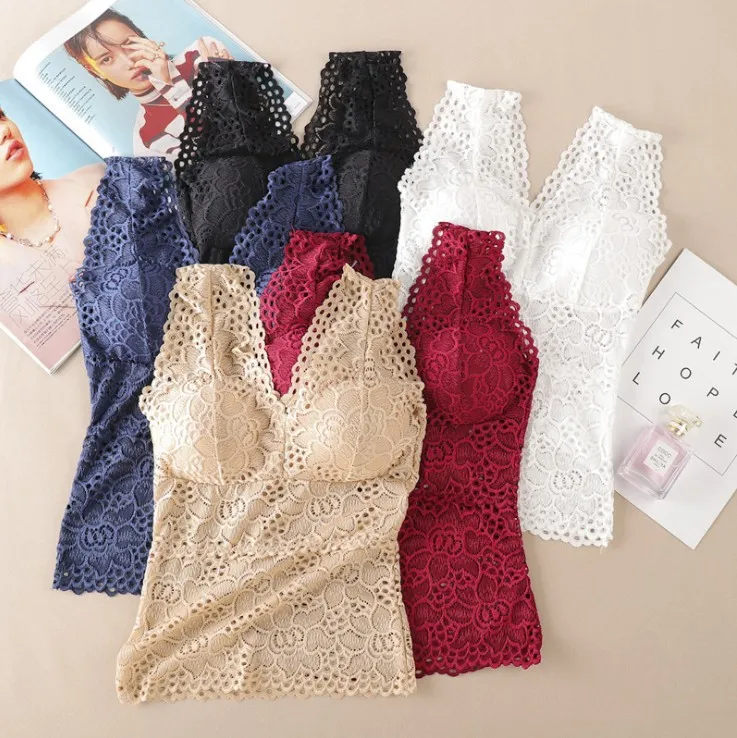 Ubowen For 40100kg Deep V Lace Plus Size Women Camisole Top With Chest Pads For Women Wide Shoulder Straps