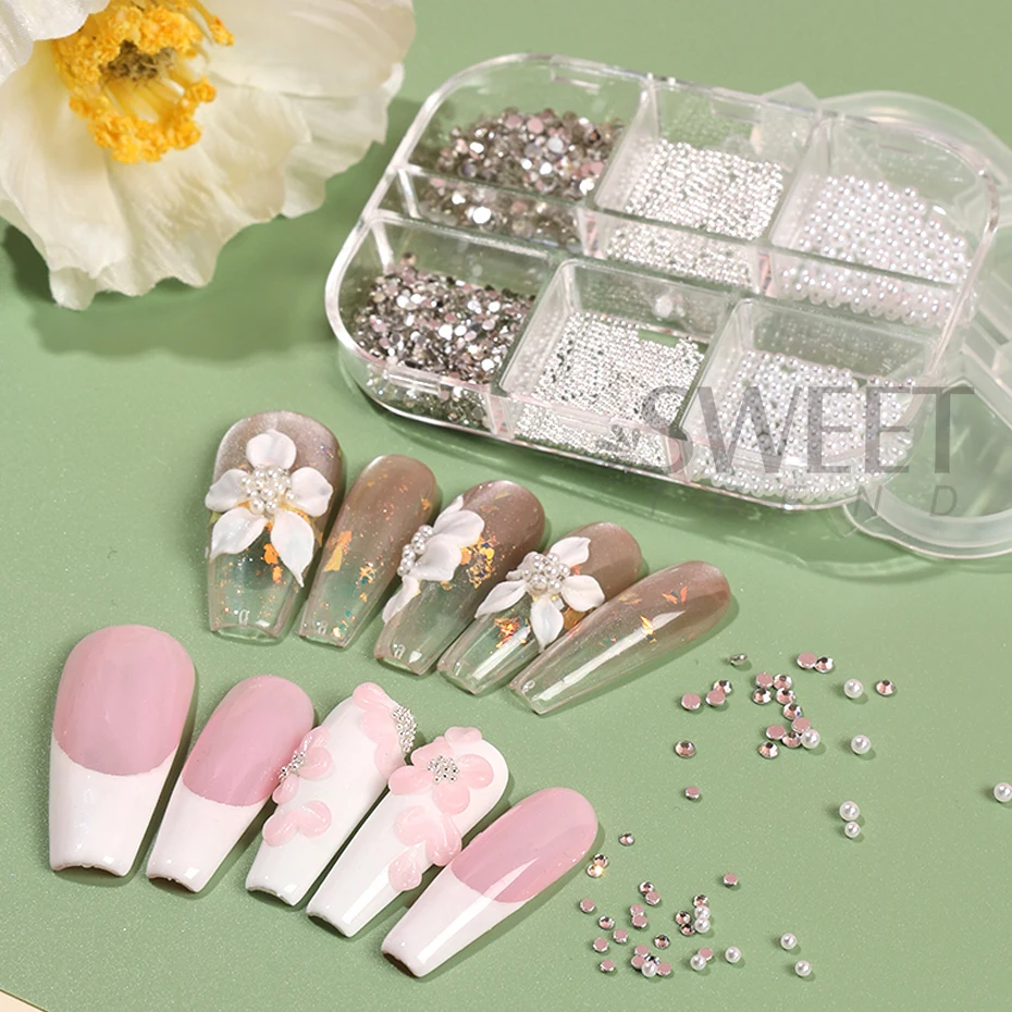 6 Siatka 3D Nail Art Rhinestones White Round Pearl Nail Decoration Charm Steel Beads Gem Stones Biżuteria Części do paznokci Akcesoria