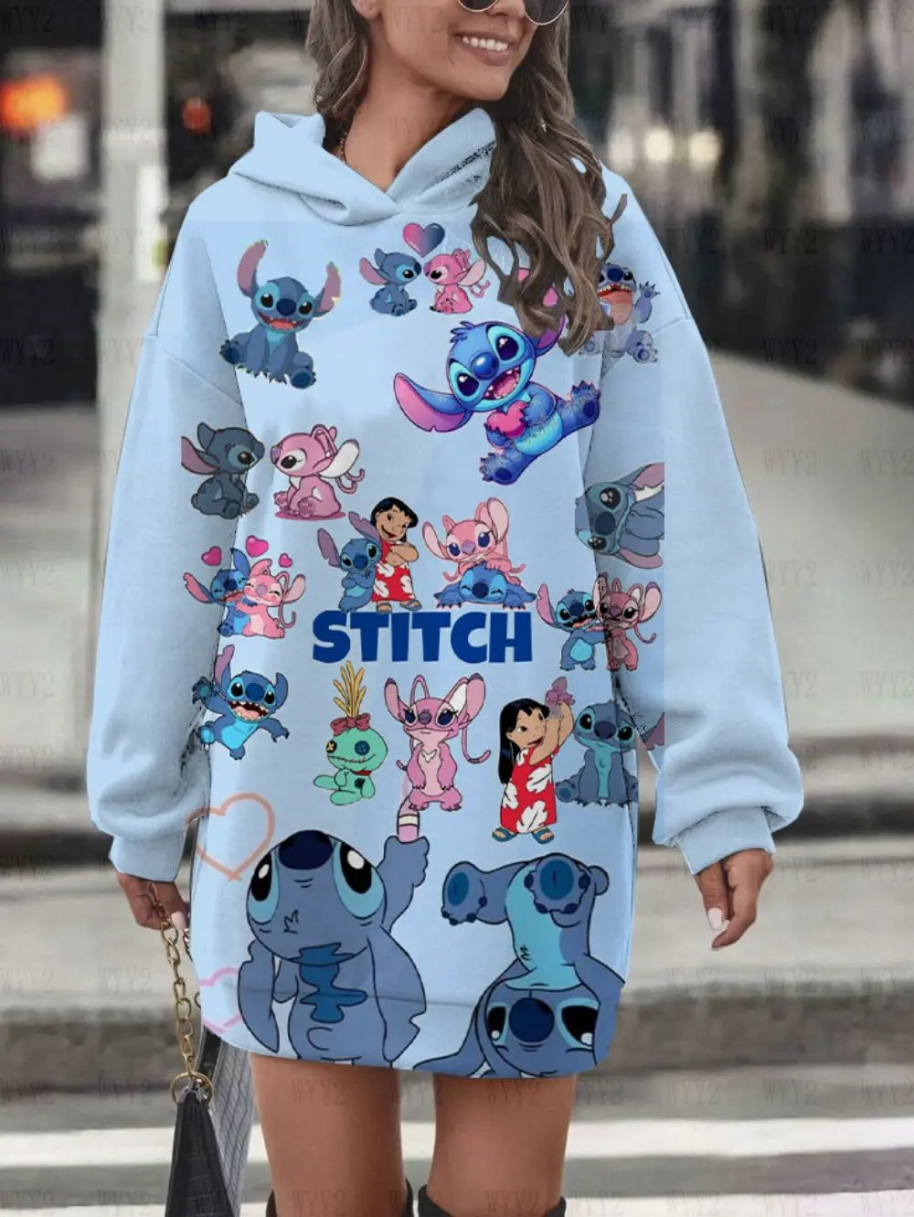 

Street Casual Women's Disney Cute Stitch Pattern Autumn and Winter Warm Long Sleeve Hoodie Dress Personalized Women's Clothing