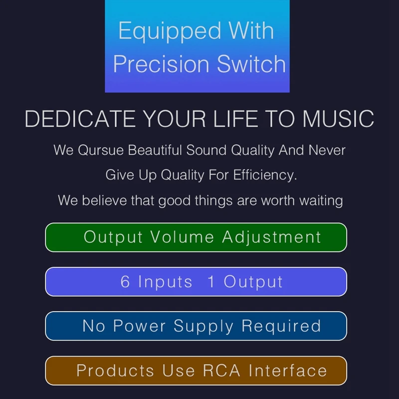 6 Input 1 Output Switcher Audio Source Selection Switcher RCA Audio Input Signal Selector Switch With Volume Adjustment And Manu