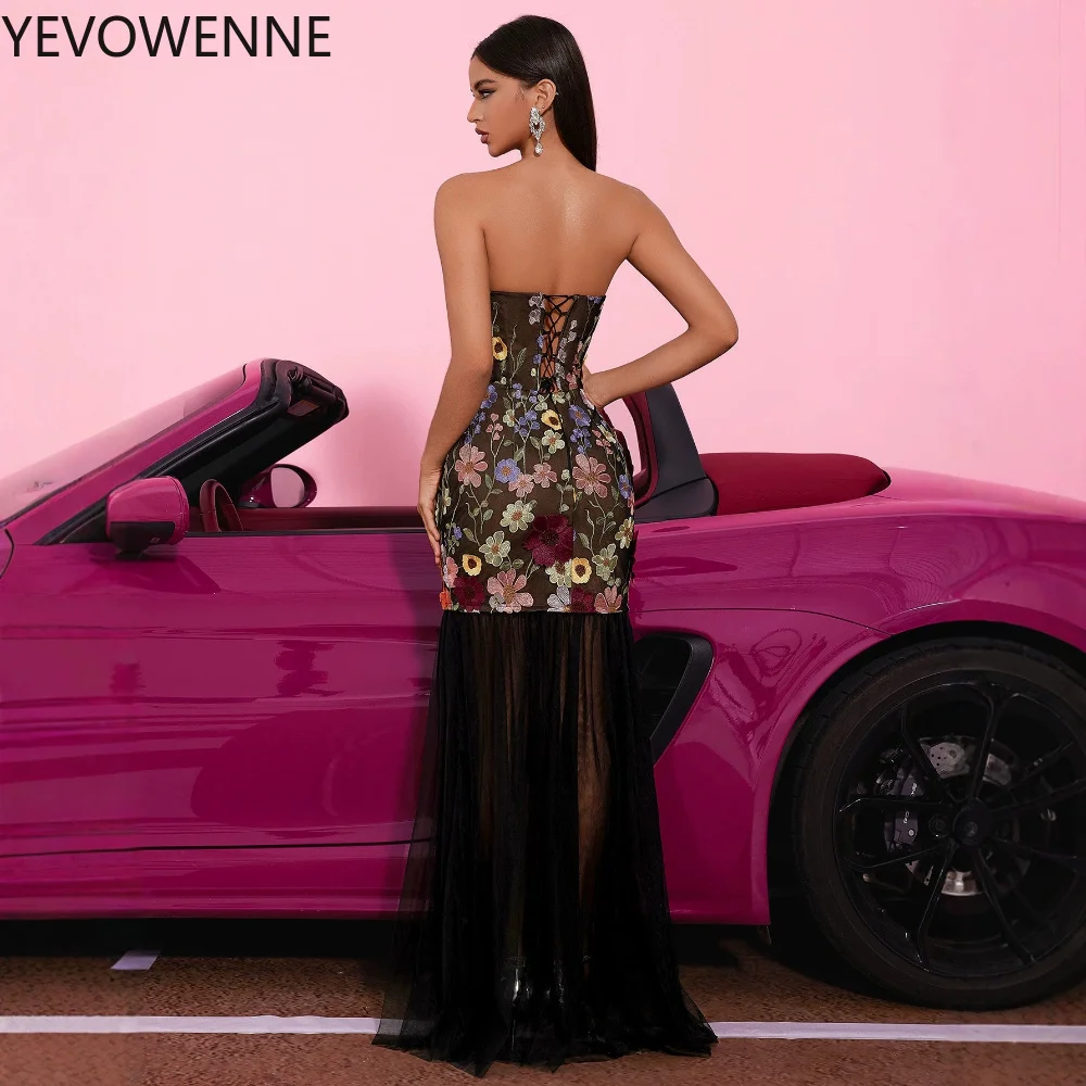 Embroidered Flower Long Prom Dress for Women Patchwork Black Maxi Evening Gowns Chic Guest Dress