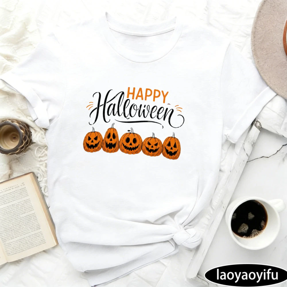 Happy Halloween Cute Jack‑o‑lantern Pumpkin Front Print Fall Holiday Casual Women Short Sleeve T-Shirt Women Clothing