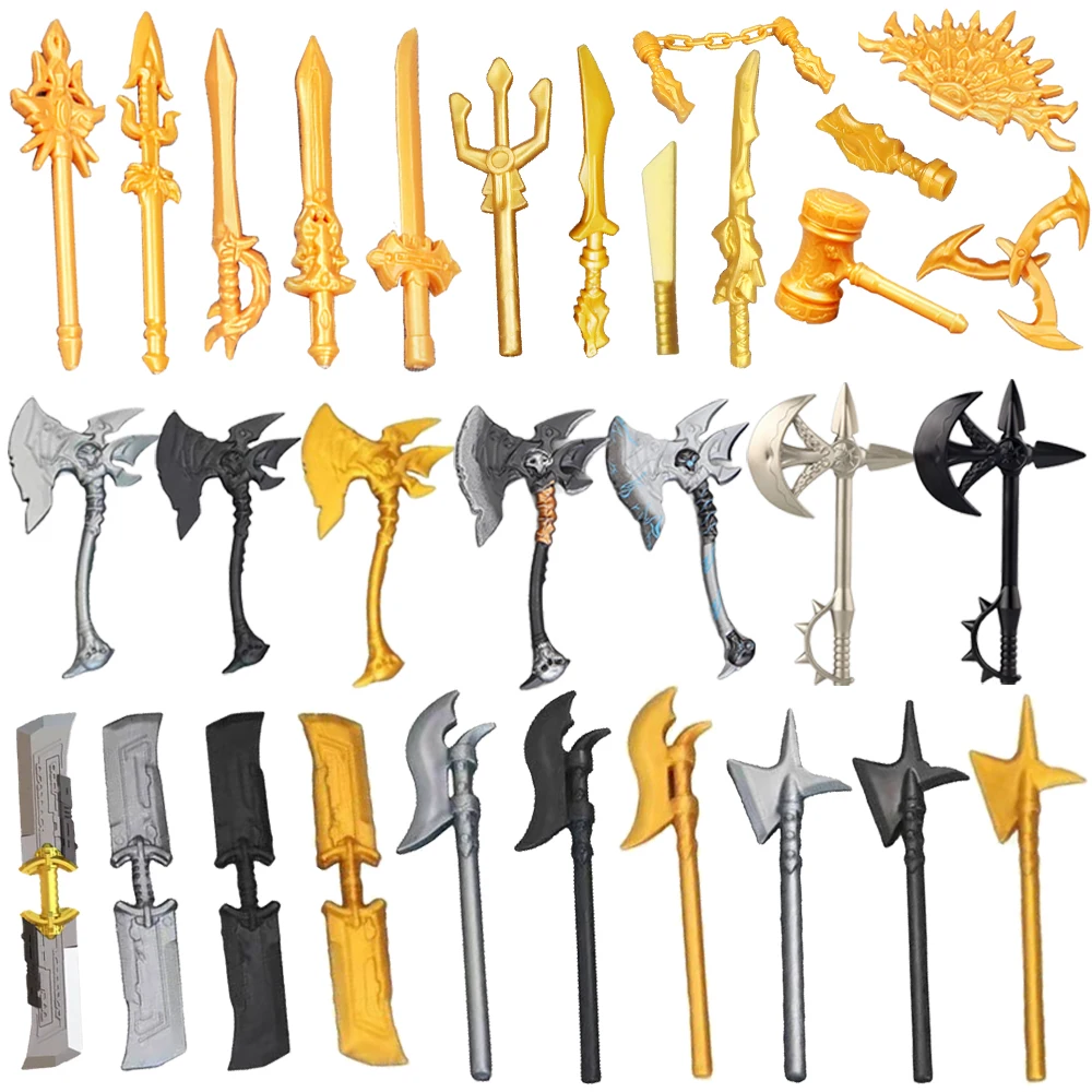 MOC Средневековый военный солдат, золотое оружие, строительные блоки, аксессуары, фигурки аниме, боевая топора, меч, пистолет, жилет, игрушка в подарок, кирпич K034