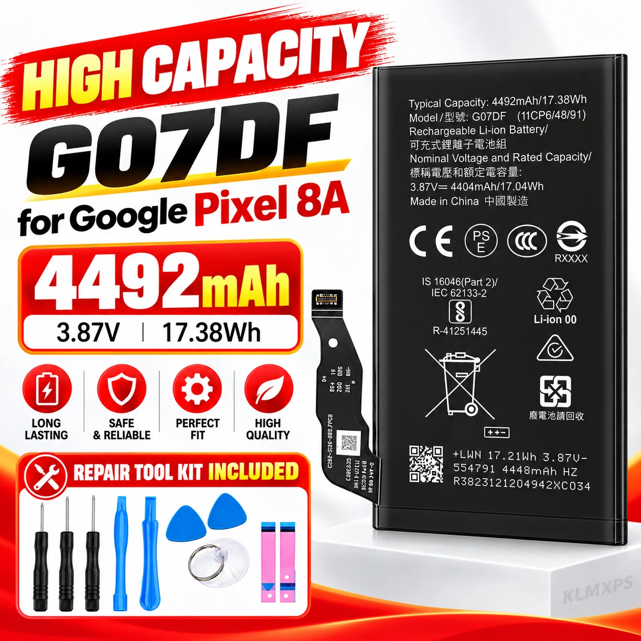 G07DF 4492mAh Battery for Google Pixel 8A Li Polymer Replacement Battery with Complete Repair Tools Kit