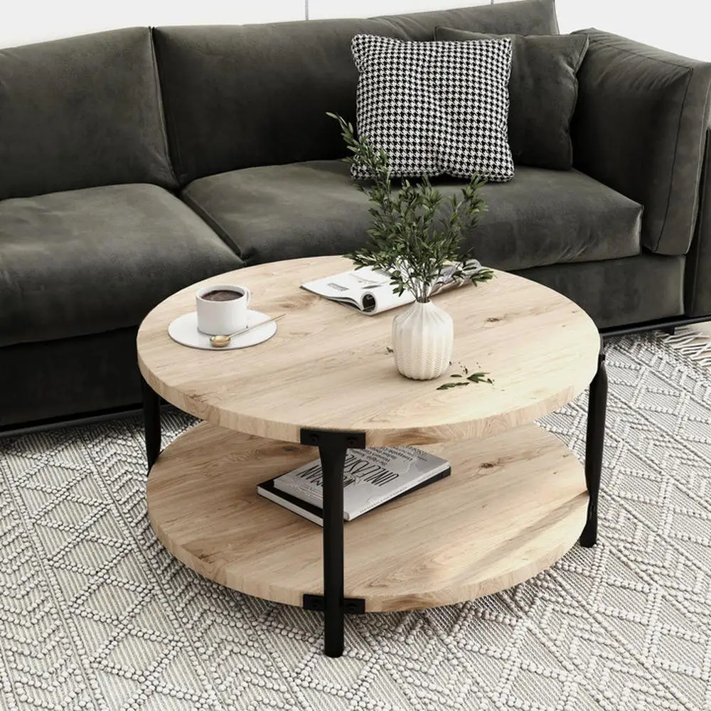 

Modern Round Coffee Table 29.6 Inch Double Layer MDF Open Storage Metal Frame Easy Assembly Living Room Study
