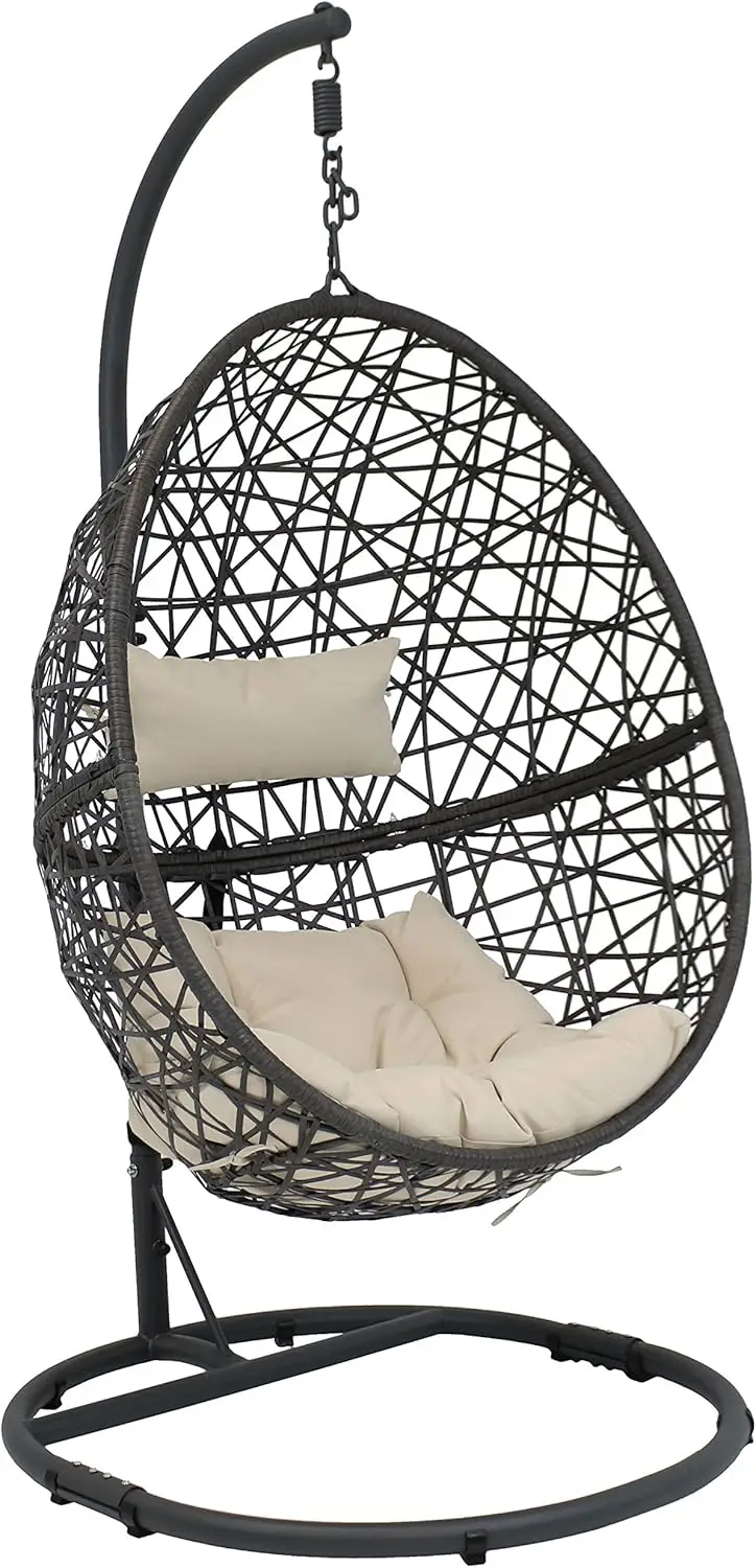 Caroline Hanging Egg Chair Swing With Steel Stand Set - Resin Wicker Basket Frame - Includes Beige Cushions