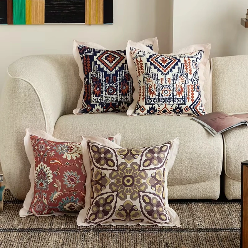 Vintage Moroccan Home Decoration Cushion Cover 45x45cm Faux Linen With Ruffle Vintage Printed Pillow Case for Sofa Couch Chair