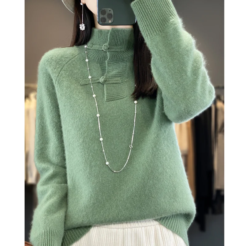 

Women 100% Merino Wool Knitted Basic Sweater Half-high Collar Pullover Autumn Winter Chinese Style Buckle Thickening Soft Top