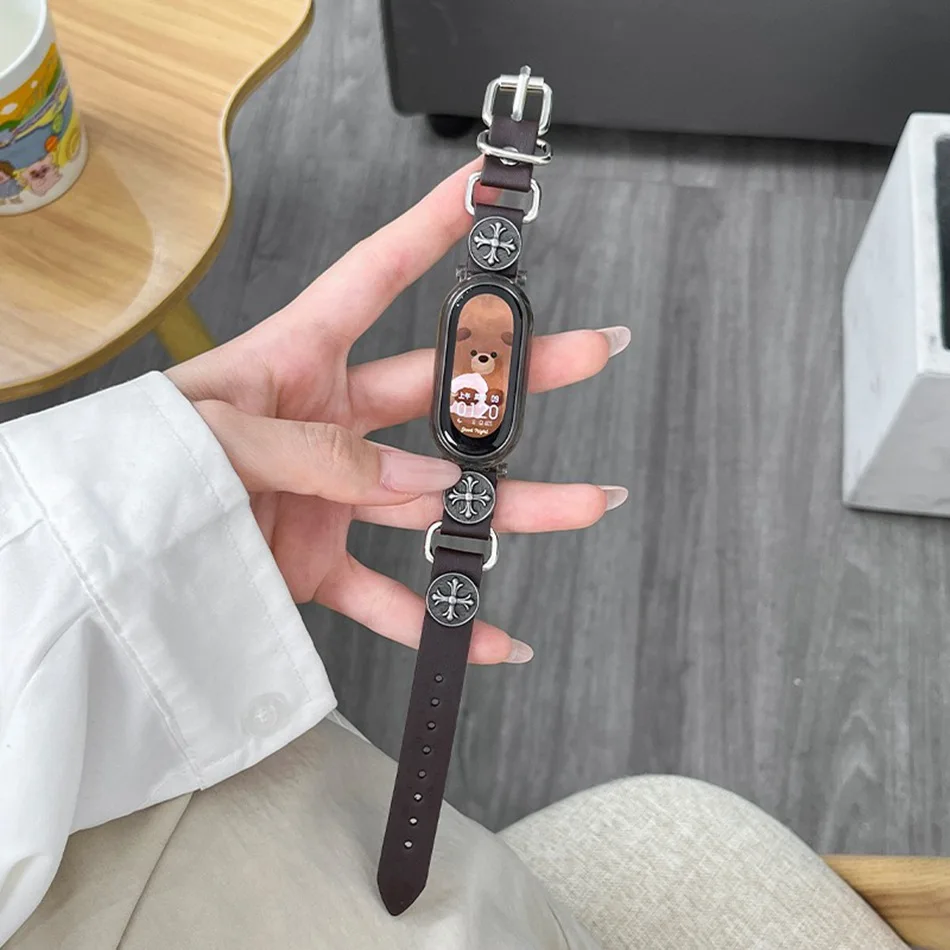 Strap For Xiaomi Mi Band 8 7 Fashion Vintage Retro PU Leather Punk Rivet Watch Band For Miband 7 8 Wristband with Protect Case