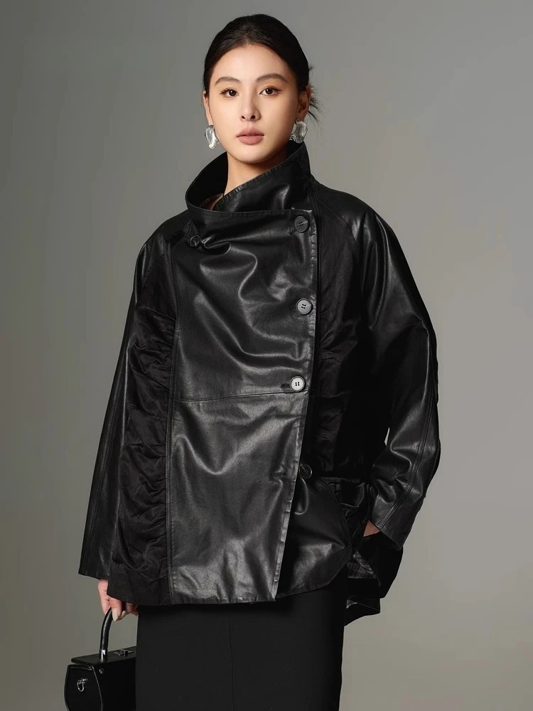 

Mid-length Genuine Leather Jackets for Women Spring Autumn 2026 High-end Simple Stand Collar Rayon Spliced Real Cow Leather Coat