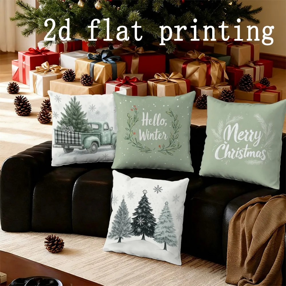 

Home Decor Christmas-themed Pillows: Truck, Trees & Greetings Pattern Cushion Cover Suitable for Sofa Bedroom Car Pillow Cover