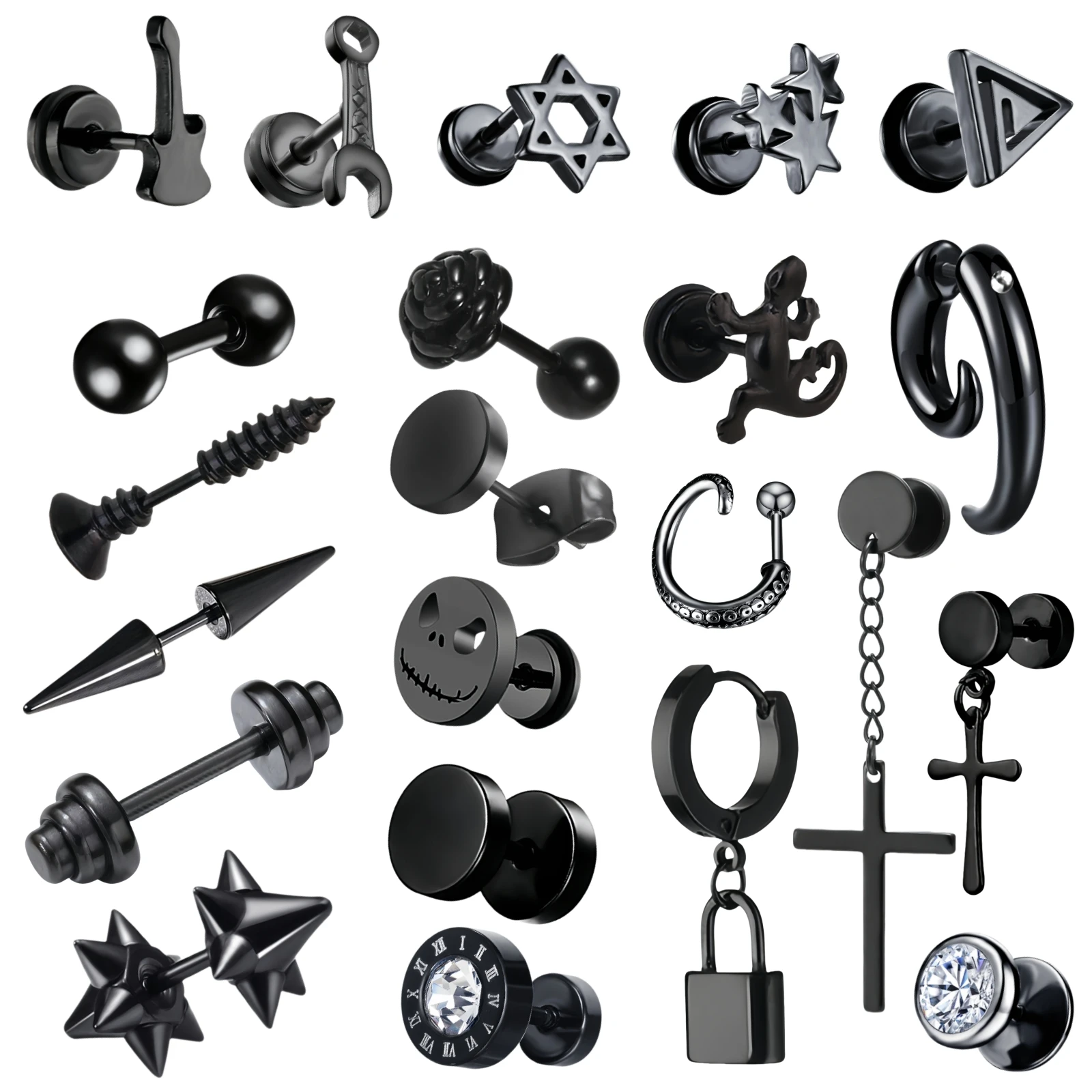 1Pair Lock Star Goth Spike CZ Punk Stainless Steel Stud Earring Black Screw Backs for Women Men Particular  Party Jewelry Gifts