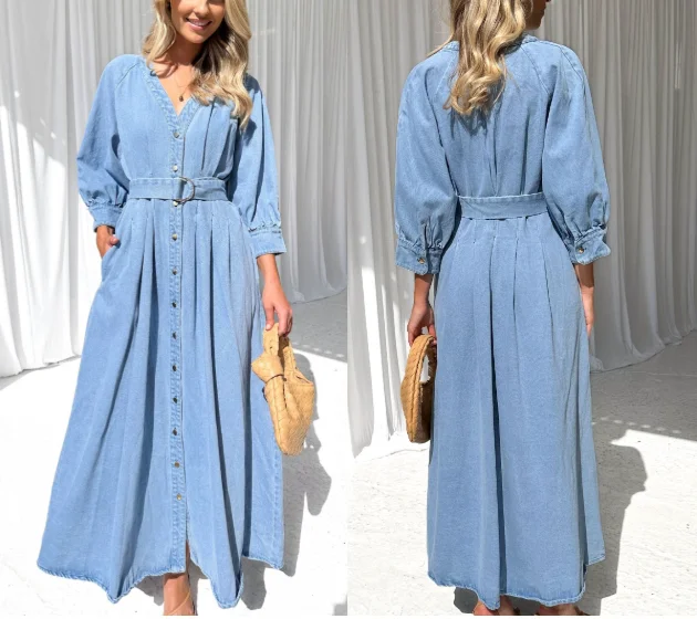 

V-neck lace up waist cinching casual style button denim long dress