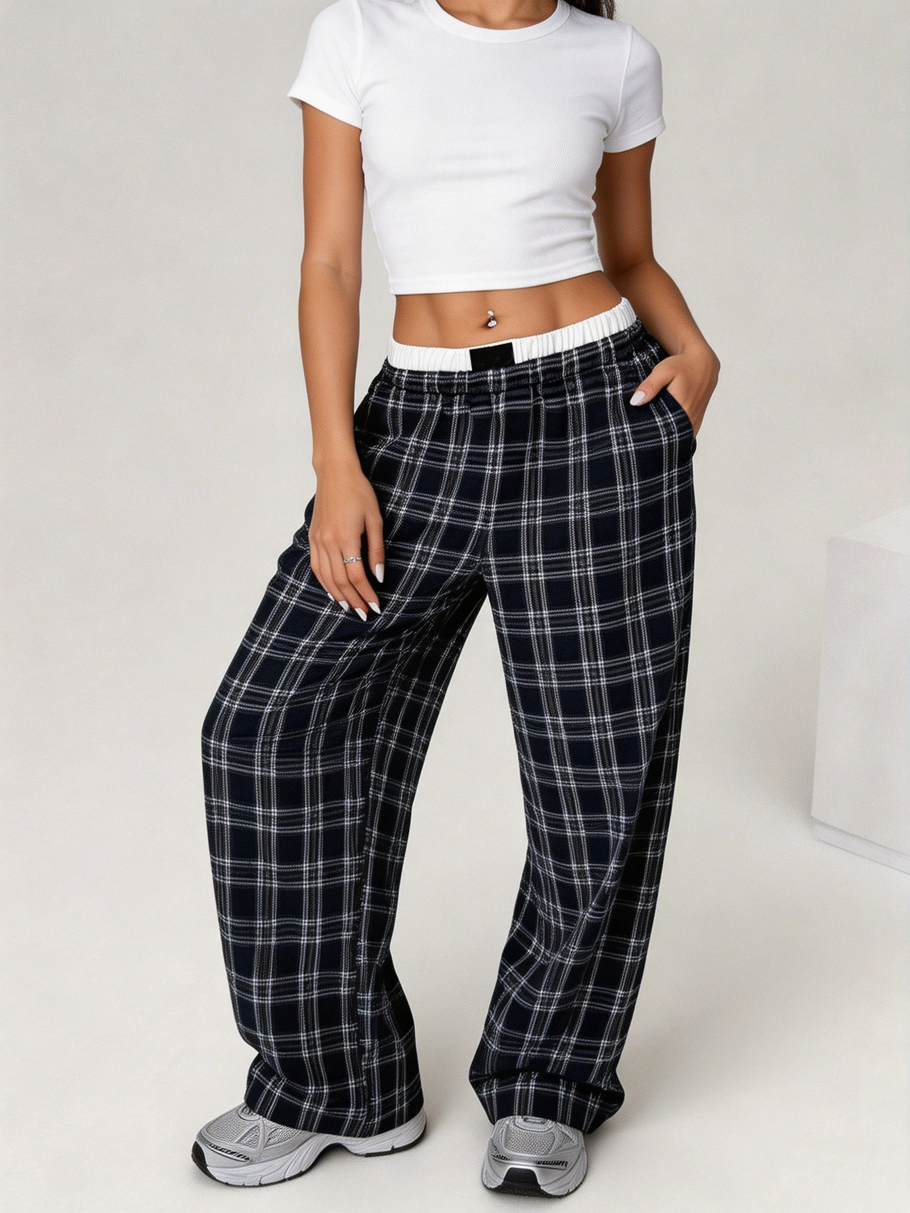 Women's Wide Leg Pants Woven Plaid Fabric Color Block Simple Casual Sweet Cute Date Essential