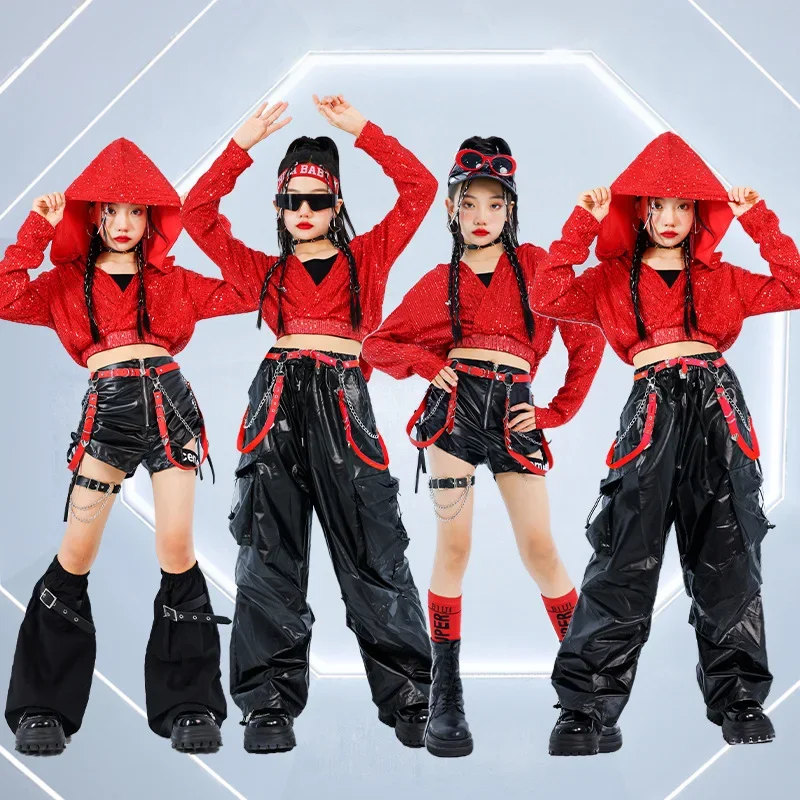 Meninas lantejoulas colheita hoodies dança de rua calças de carga crianças hip hop saias jazz shorts conjuntos de roupas criança streetwear trajes k-pop
