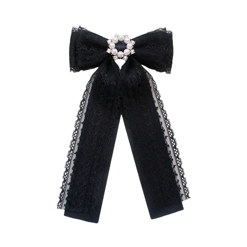 Korean Black Fabric Bow Brooches for Women College Style Collar Flower Lapel Pins Crystal Necktie Fashion Jewelry Gifts