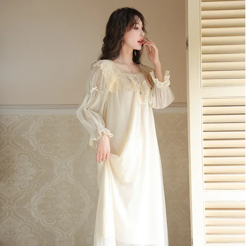 Women Summer Sweet Mesh Ruffle Modal Sleeve Robe Nightwear Victorian Vintage Nightgown Embroidery Long Night Dress Sleepwear