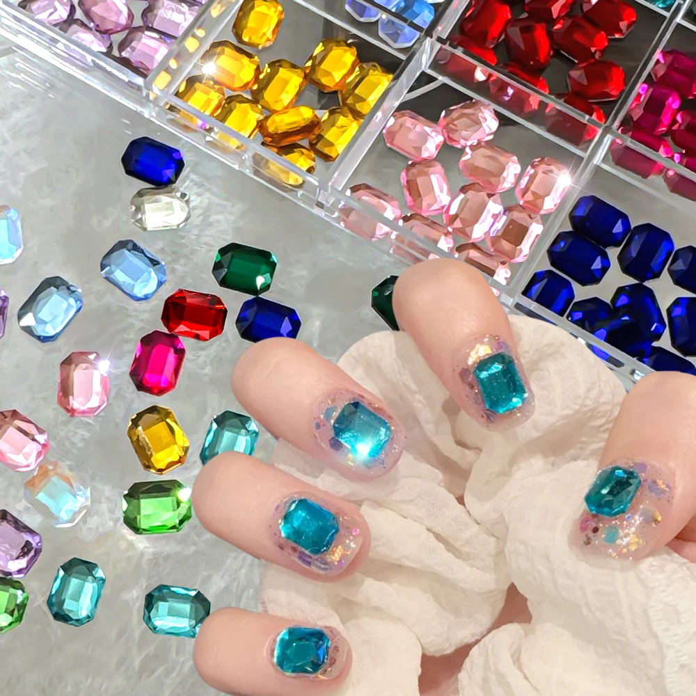 12grids Colorful Square Crystal Nail Pile Diamond Retro Luxury Rectangular Nail Art Rhinestones Gems Sparkle Glass Nail Stones^&