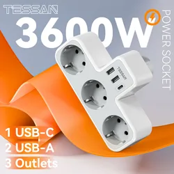 TESSAN Listwa zasilająca z wtyczką EU z 3 gniazdami AC + 2 portami USB + 1 typ C, adapter gniazda wtykowego 6 w 1 Ładowarka ścienna do domowego biura