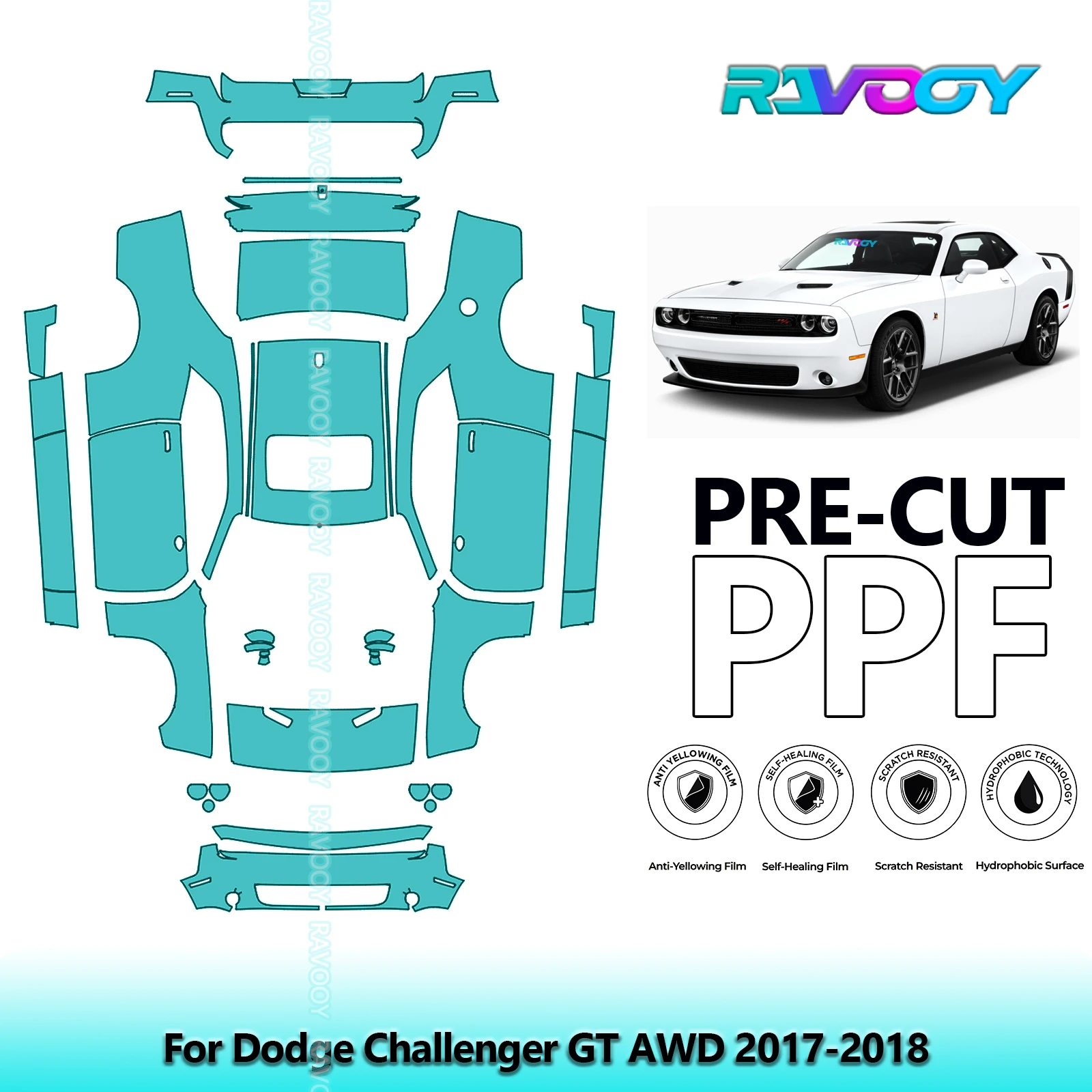 RAVOOY Custom-Fit Precut TPU PPF Full Vehicle Clear Bra Stone Guard EU UK For Dodge Challenger GT AWD 2017-2018
