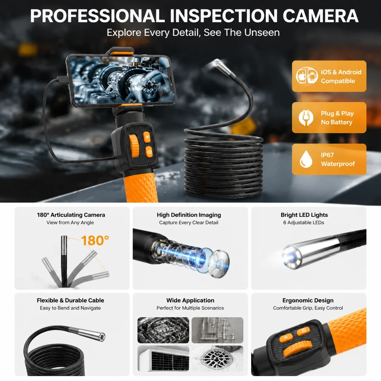 360° Articulating Borescope Endoscope Camera Two Ways 180 Rotate with Light, Waterproof Probe, Endoscope with Android/iOS Phone