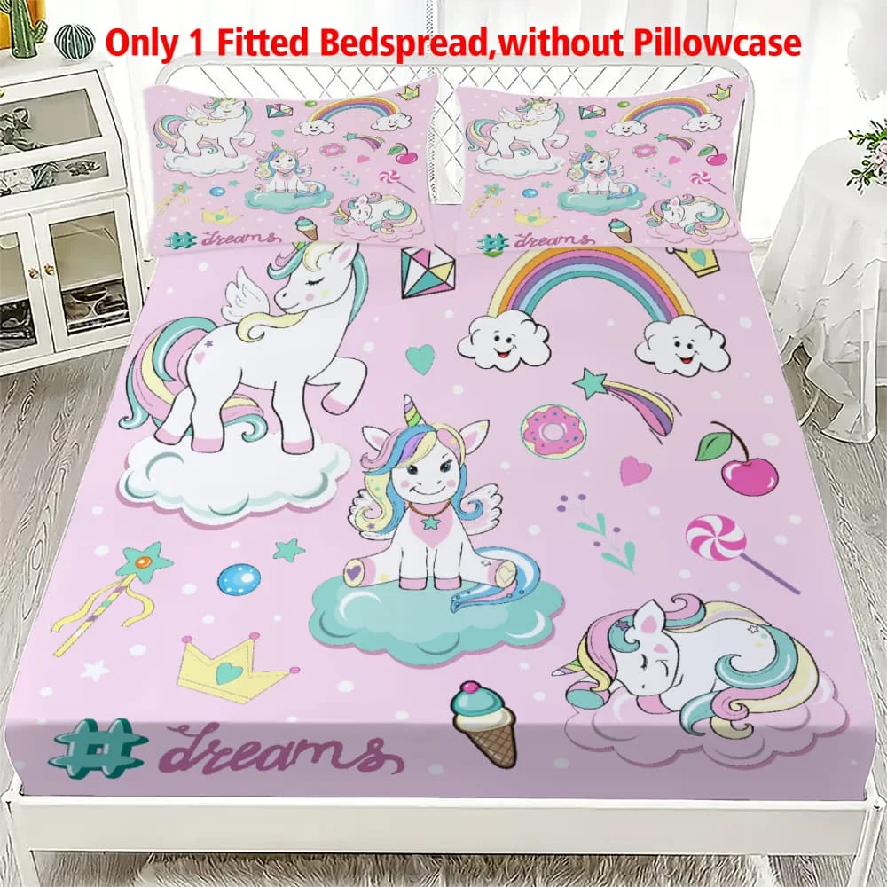 1pc Pink Rainbow Unicorn Dreams Print Fitted Sheet Deep Pocket Elastic Mattress Cover Single Double Queen King Bedroom Decor