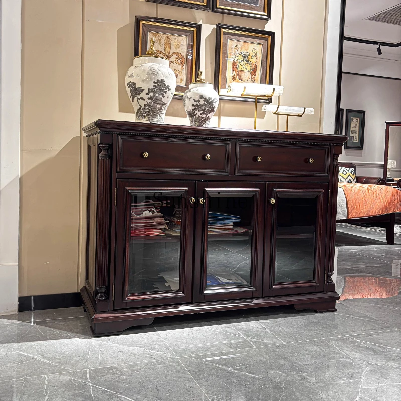 

American solid wood dining side retro tea restaurant integrated against the wall 4 doors storage wine cabinet