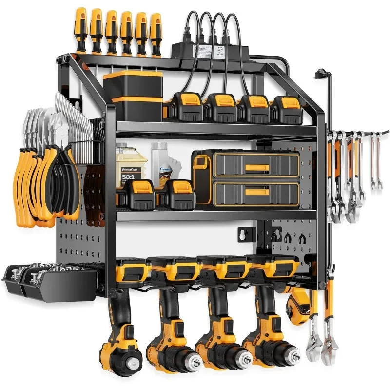 

Power Tool Organizer With Charging Station,Patented,Heavy Duty Steel,6 Drilling Rig Sizes With Hooks And Screw Boxes,6 sockets
