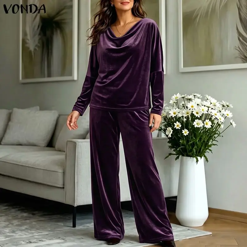 VONDA Women Pant Sets Autumn Thin 2 Piece Outfits Cowl Neck Long Sleeve Tops Wide Leg Pants Casual Matching Sets OL Work 2PCS