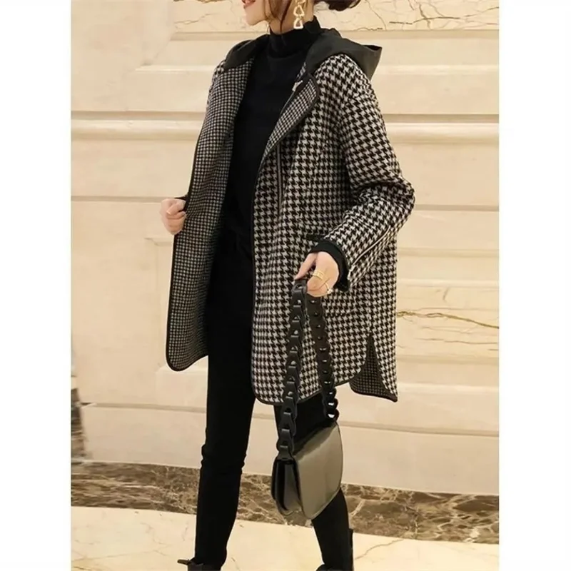 

2023 Spring Autumn New Korean Hooded Thousand Bird Plaid Woolen Coat Mid length Loose Fashion Slim Woolen Coat Commuter Plaid