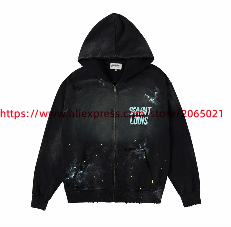 Washed Cardigan Saint SSSAINT LOUIS Splashing Ink Graffiti Hoodie Men Women Best Quality Pullovers Hooded