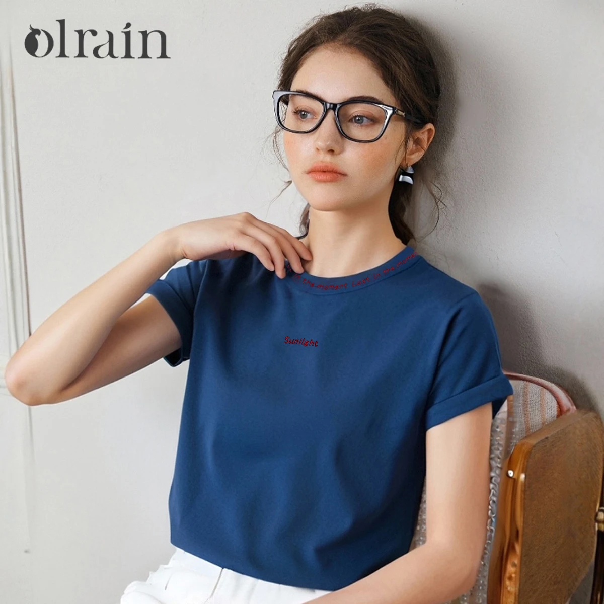 

OLrain Short Sleeve Contrasting Combined Women's 2025 Summer Round Neck Embroidery Blue Ladies Tees Chemises Femmes O57XT99069