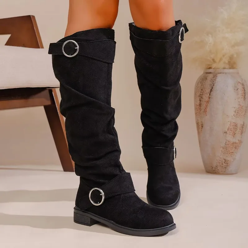 2026 Winter Sexy Buckle Elegant Knight Boots Fashionable New Round Toe Suede Comfortable Plus Casual Mid Length Boots for Women
